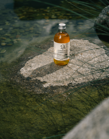 Láhev chmelové kombuchy JZT Ferments položená na kameni u vody, s přírodním pozadím trávy a kamenů.